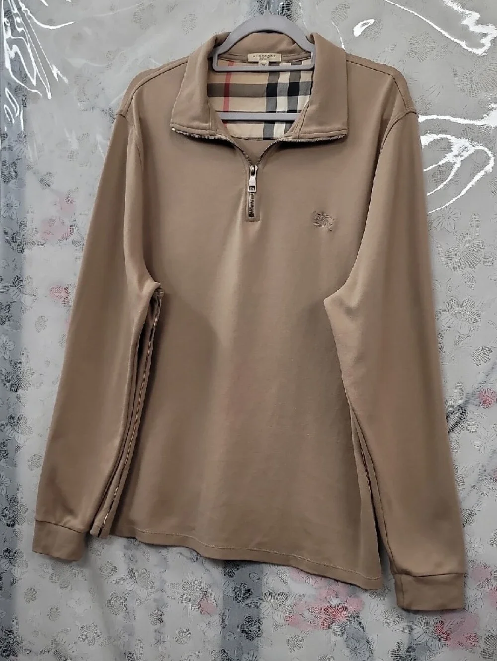 Burberry Tan Quarter Zip Pullover Sweater with Signature Check Collar Size XL